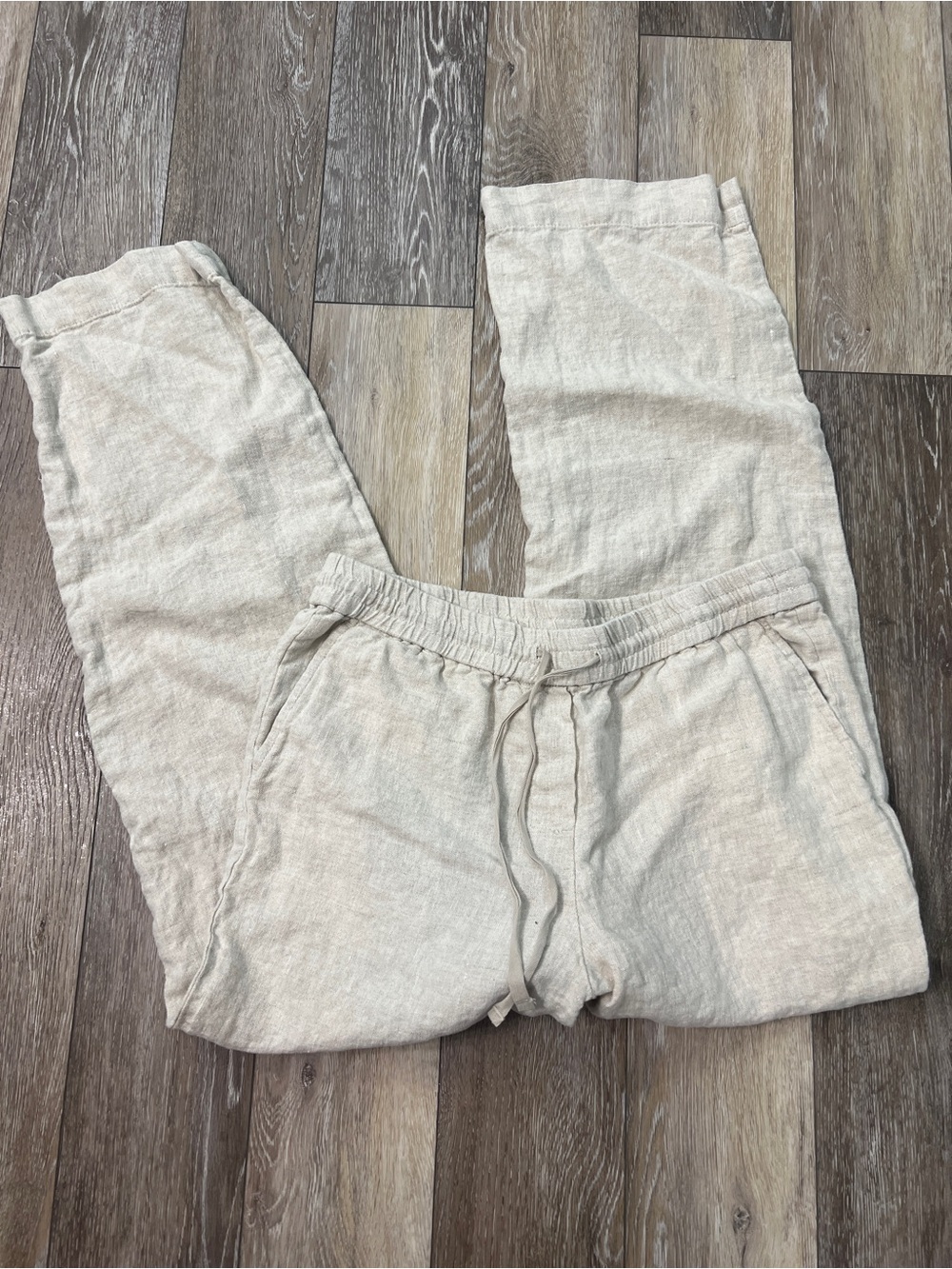 Talbots Women’s PS Petite Beige Linen Straight-Leg Pants Pockets Drawstring